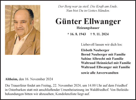 Traueranzeige von Günter Ellwanger von Fränkische Nachrichten