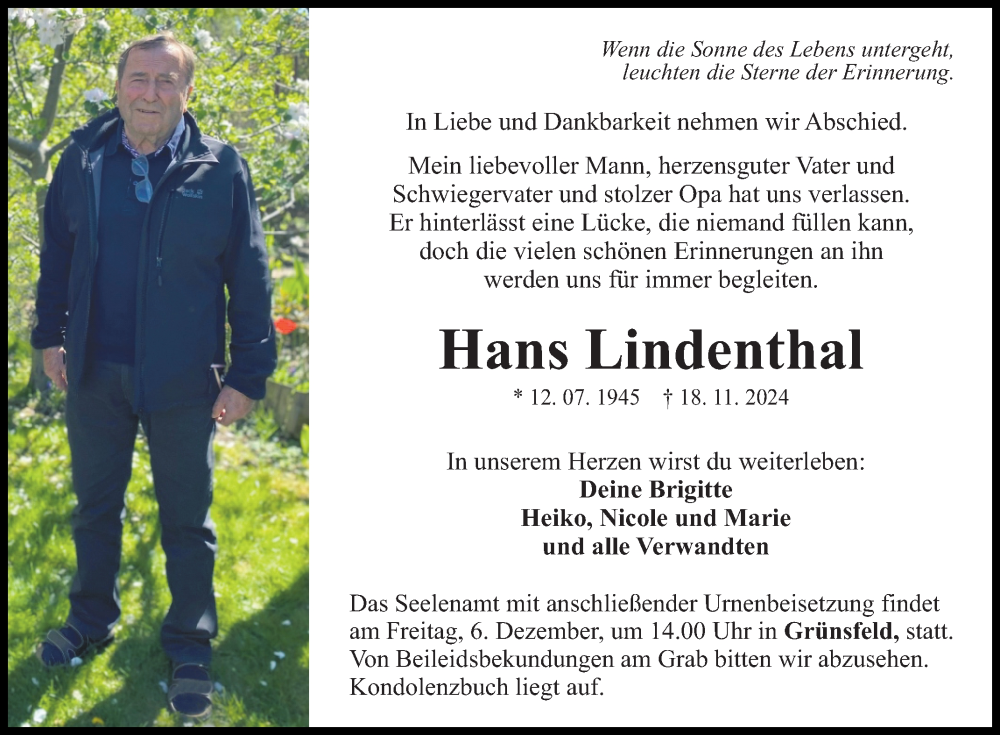  Traueranzeige für Hans Lindenthal vom 30.11.2024 aus Fränkische Nachrichten