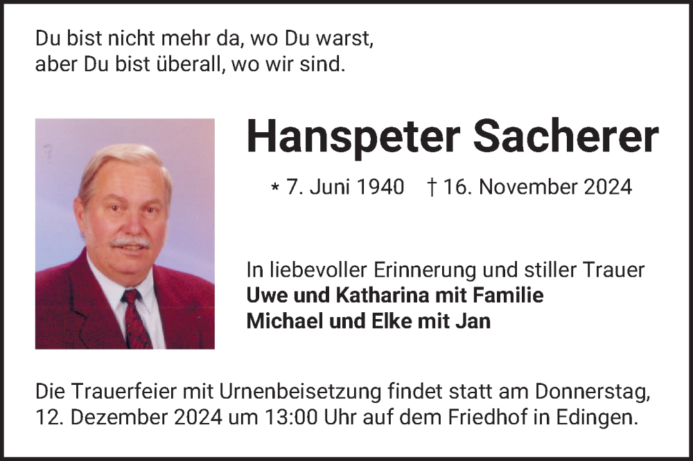  Traueranzeige für Hanspeter Sacherer vom 30.11.2024 aus Mannheimer Morgen