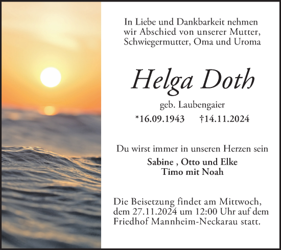 Traueranzeige von Helga Doth von Mannheimer Morgen