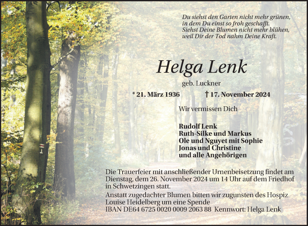  Traueranzeige für Helga Lenk vom 23.11.2024 aus Schwetzinger Zeitung