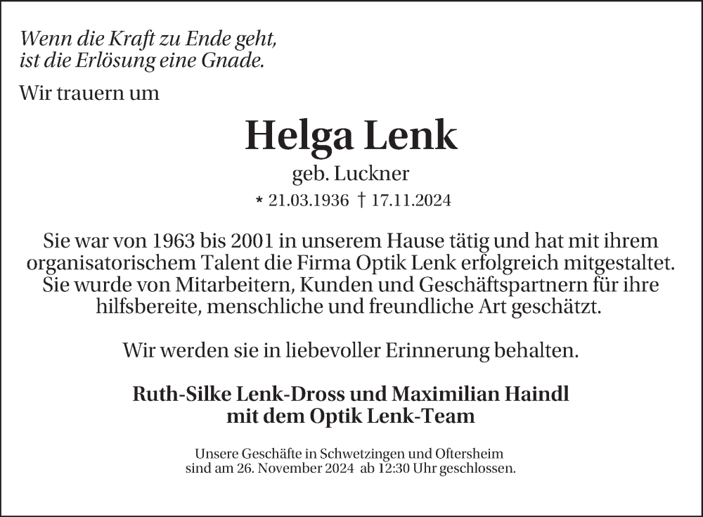  Traueranzeige für Helga Lenk vom 23.11.2024 aus Schwetzinger Zeitung
