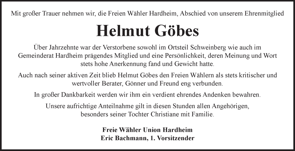  Traueranzeige für Helmut Göbes vom 15.11.2024 aus Fränkische Nachrichten