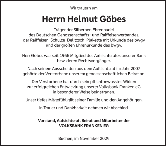 Traueranzeige von Helmut Göbes von Fränkische Nachrichten