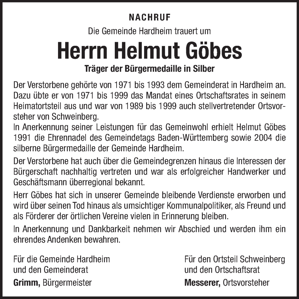  Traueranzeige für Helmut Göbes vom 15.11.2024 aus Fränkische Nachrichten