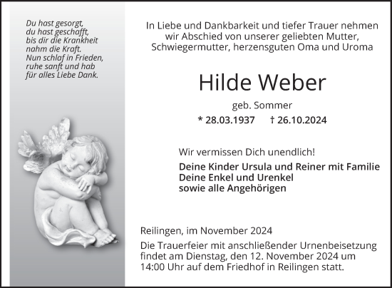 Traueranzeige von Hilde Weber von Schwetzinger Zeitung