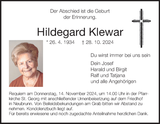 Traueranzeige von Hildegard Klewar von Fränkische Nachrichten