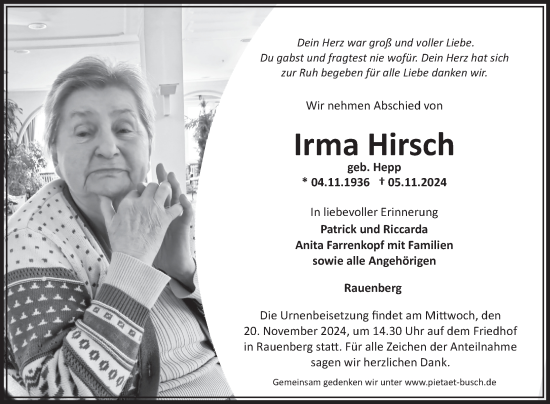 Traueranzeige von Irma Hirsch von Fränkische Nachrichten