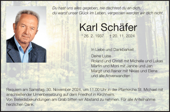 Traueranzeige von Karl Schäfer von Fränkische Nachrichten