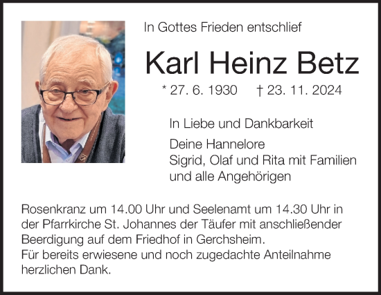 Traueranzeige von Karl Heinz Betz von Fränkische Nachrichten