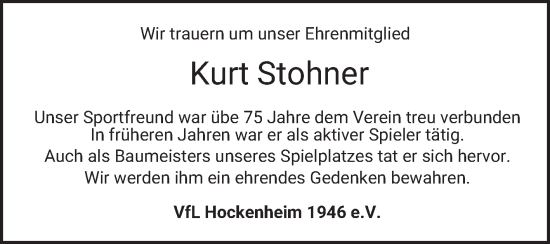 Traueranzeige von Kurt Stohner von Schwetzinger Zeitung