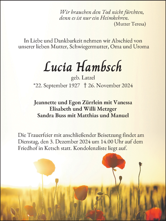 Traueranzeige von Lucia Hambsch von Schwetzinger Zeitung