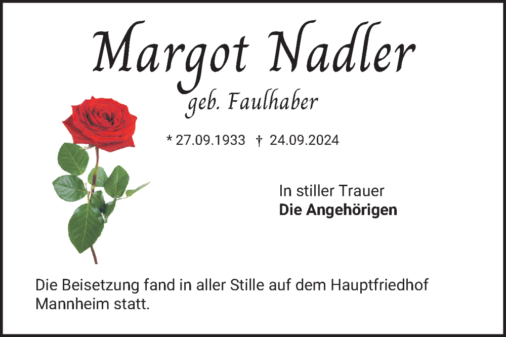  Traueranzeige für Margot Nadler vom 16.11.2024 aus Mannheimer Morgen
