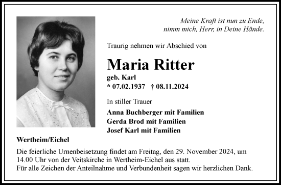 Traueranzeige von Maria Ritter von Fränkische Nachrichten