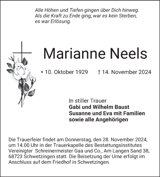 Traueranzeige von Marianne Neels von Schwetzinger Zeitung