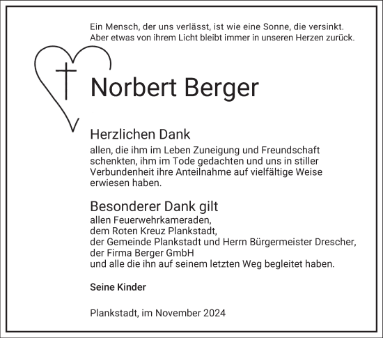 Traueranzeige von Norbert Berger von Schwetzinger Zeitung