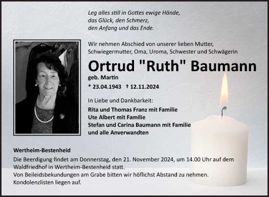 Traueranzeige von Ortrud  Baumann von Fränkische Nachrichten