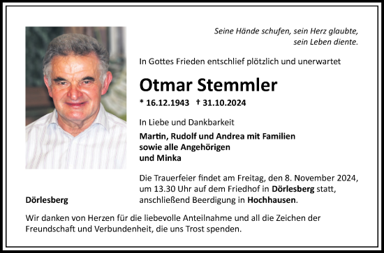 Traueranzeige von Otmar Stemmler von Fränkische Nachrichten