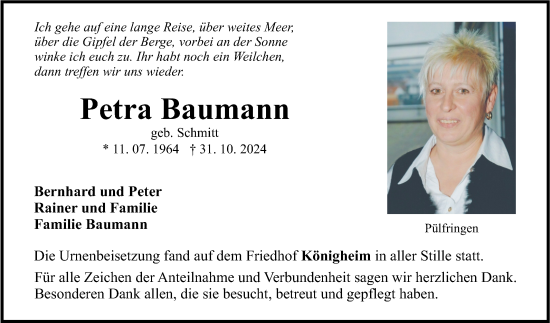 Traueranzeige von Petra Baumann von Fränkische Nachrichten