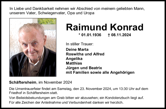 Traueranzeige von Raimund Konrad von Fränkische Nachrichten