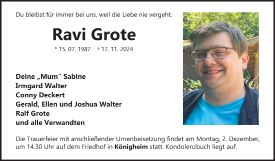 Traueranzeige von Ravi Grote von Fränkische Nachrichten