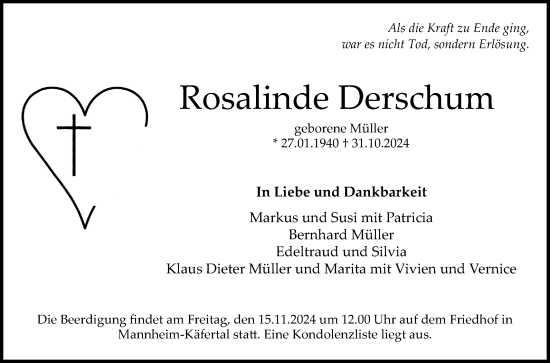 Traueranzeige von Rosalinde Derschum von Mannheimer Morgen