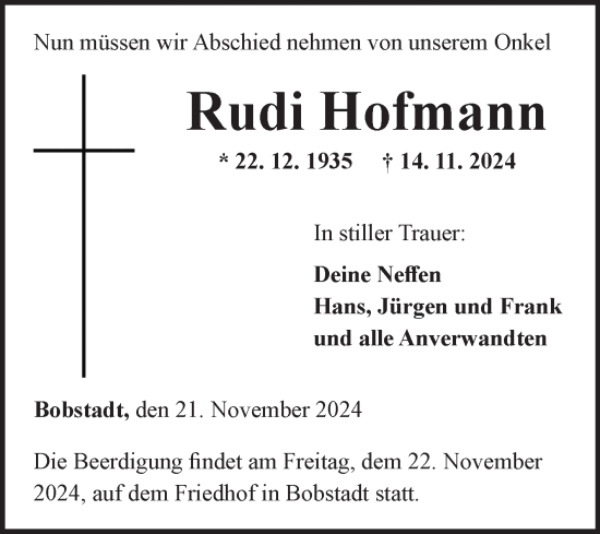 Traueranzeige von Rudi Hofmann von Fränkische Nachrichten