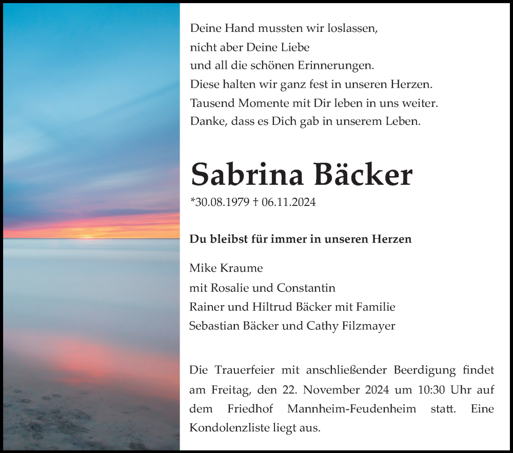  Traueranzeige für Sabrina Bäcker vom 16.11.2024 aus Mannheimer Morgen