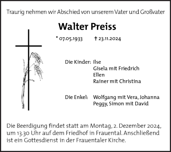 Traueranzeige von Walter Preiss von Fränkische Nachrichten