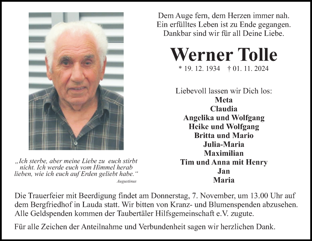  Traueranzeige für Werner Tolle vom 05.11.2024 aus Fränkische Nachrichten