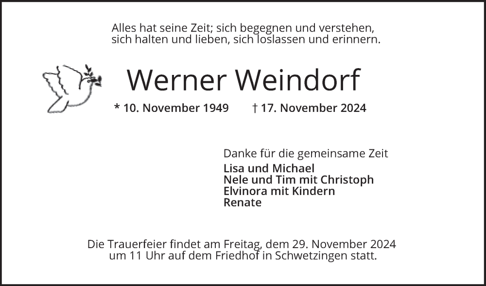  Traueranzeige für Werner Weindorf vom 23.11.2024 aus Mannheimer Morgen