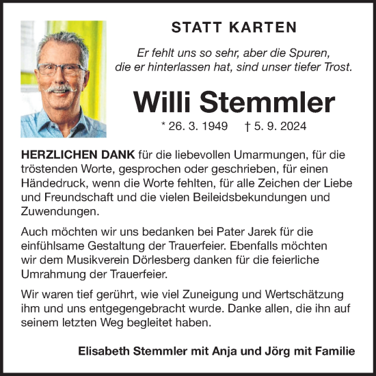 Traueranzeige von Willi Stemmler von Fränkische Nachrichten