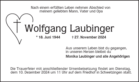 Traueranzeige von Wolfgang Laubinger von Schwetzinger Zeitung