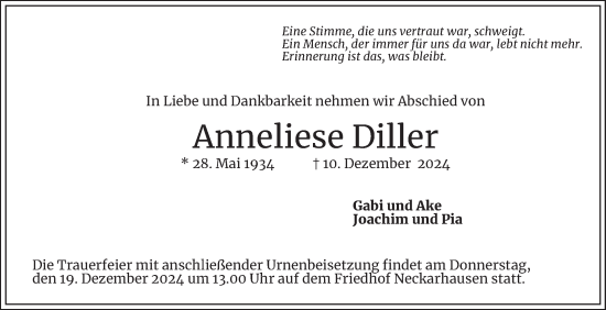 Traueranzeige von Anneliese Diller von Mannheimer Morgen