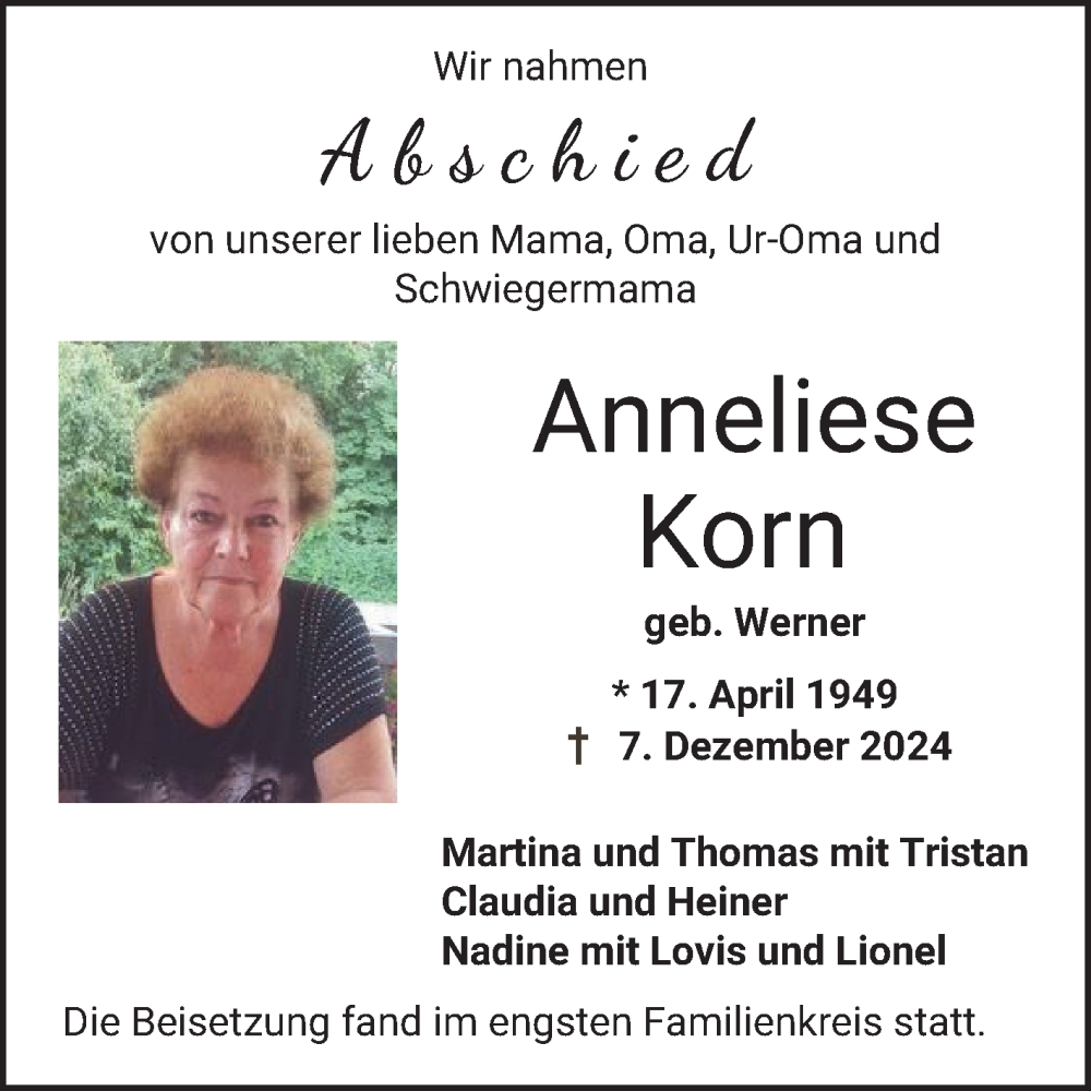  Traueranzeige für Anneliese Korn vom 28.12.2024 aus Bergsträßer Anzeiger