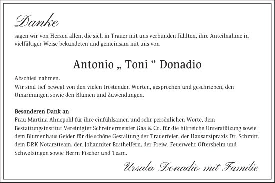 Traueranzeige von Antonio Donadio von Schwetzinger Zeitung