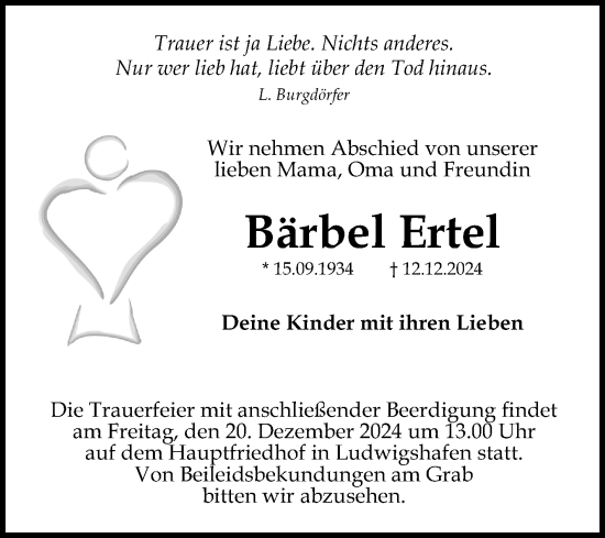 Traueranzeige von Bärbel Ertel von Mannheimer Morgen