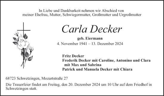 Traueranzeige von Carla Decker von Schwetzinger Zeitung