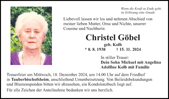 Traueranzeige von Christel Göbel von Fränkische Nachrichten