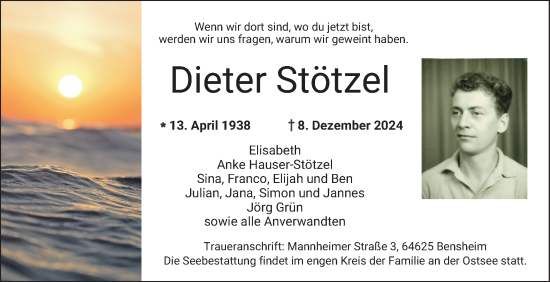 Traueranzeige von Dieter Stötzel von Bergsträßer Anzeiger