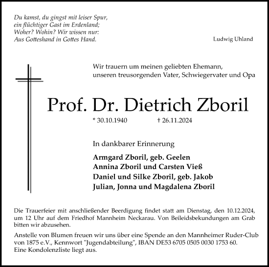 Traueranzeige von Dietrich Zboril von Mannheimer Morgen