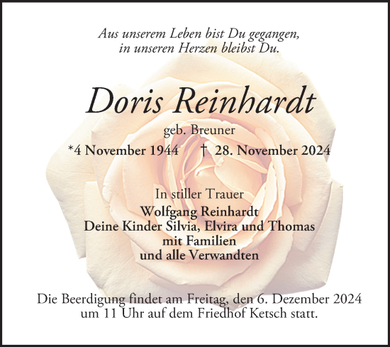 Traueranzeige von Doris Reinhardt von Schwetzinger Zeitung