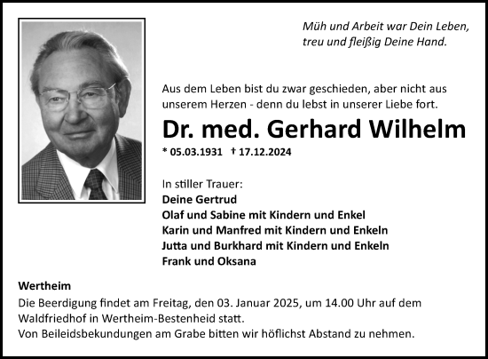 Traueranzeige von Dr. Gerhard Wilhelm von Fränkische Nachrichten