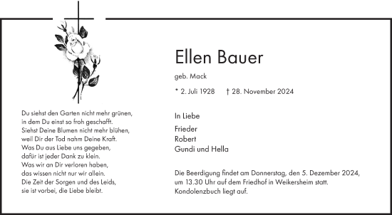 Traueranzeige von Ellen Bauer von Fränkische Nachrichten