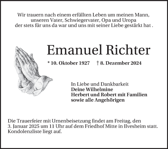 Traueranzeige von Emanuel Richter von Mannheimer Morgen