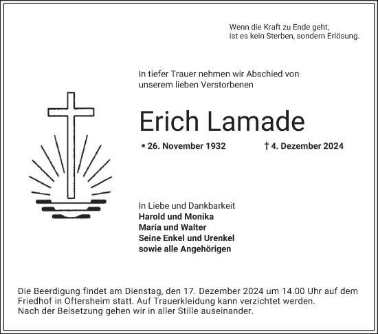 Traueranzeige von Erich Lamade von Schwetzinger Zeitung