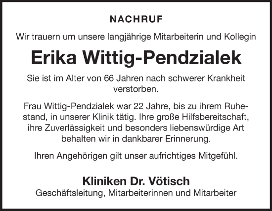 Traueranzeige von Erika Wittig-Pendzialek von Fränkische Nachrichten