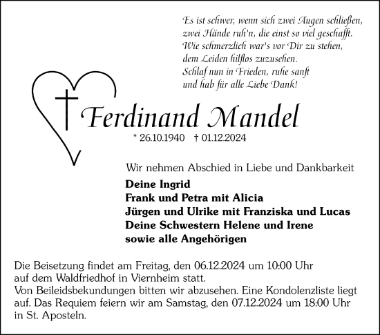 Traueranzeige von Ferdinand Mandel von Mannheimer Morgen