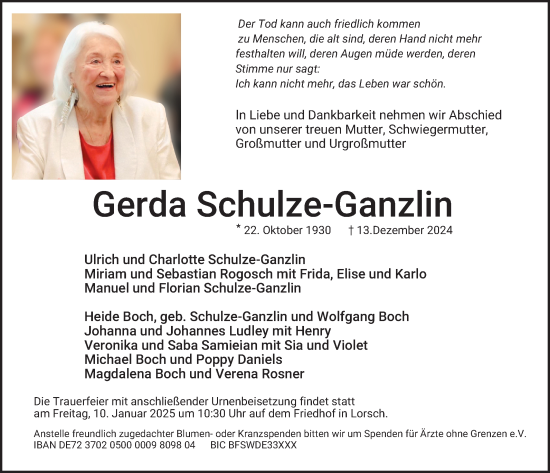 Traueranzeige von Gerda Schulze-Ganzlin von Bergsträßer Anzeiger