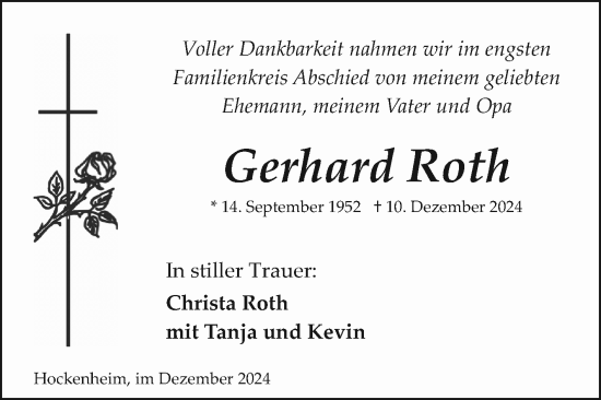 Traueranzeige von Gerhard Roth von Schwetzinger Zeitung